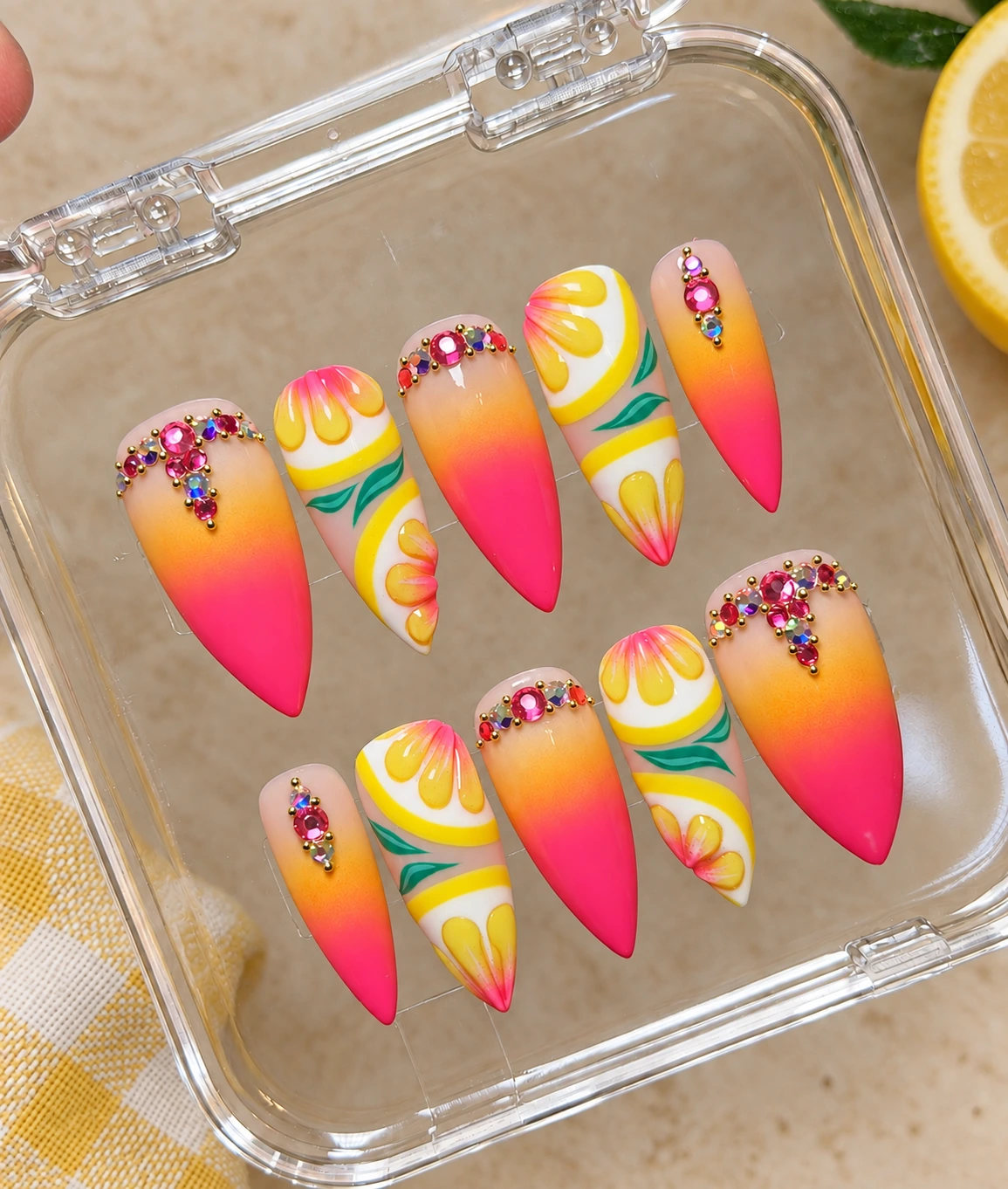 Citrus Sunset custom acrylic nail set — handmade press-on nails