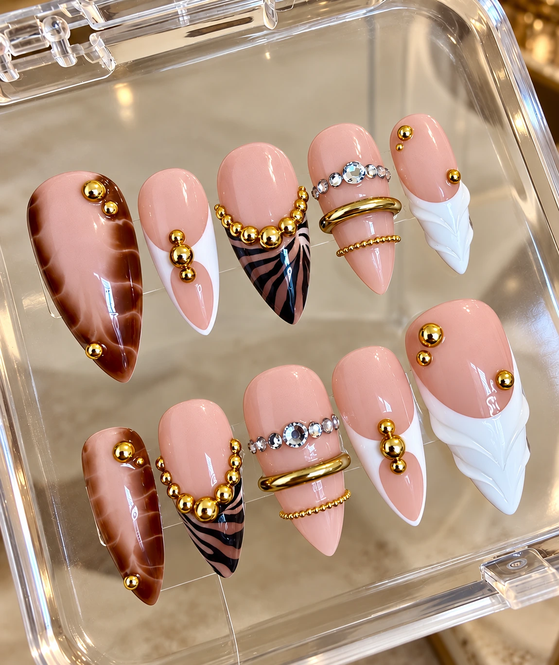 Golden Glamour custom acrylic nail set — handmade press-on nails