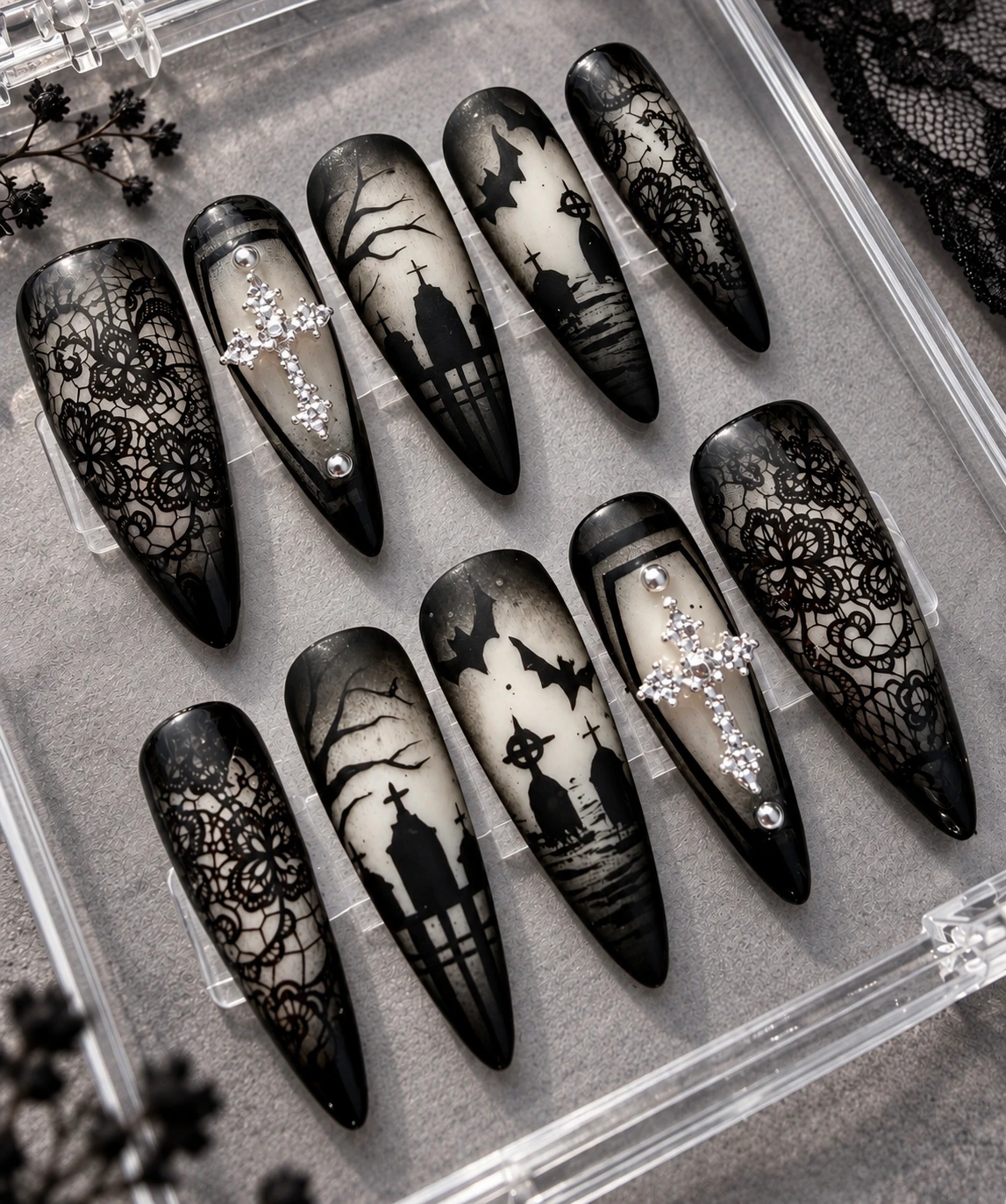 Midnight Gothic custom acrylic nail set — handmade press-on nails