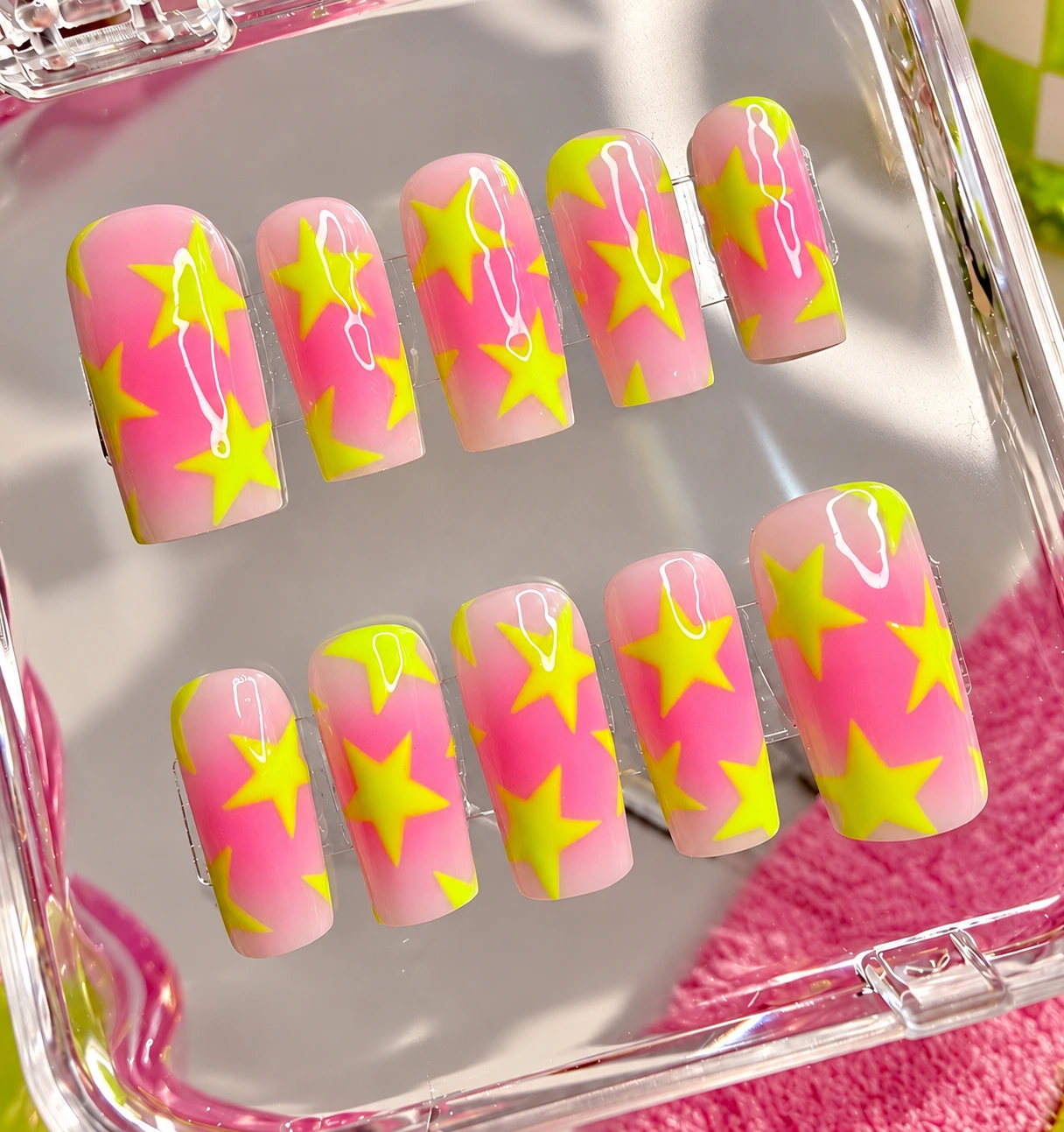 Pink Starburst custom acrylic nail set — handmade press-on nails