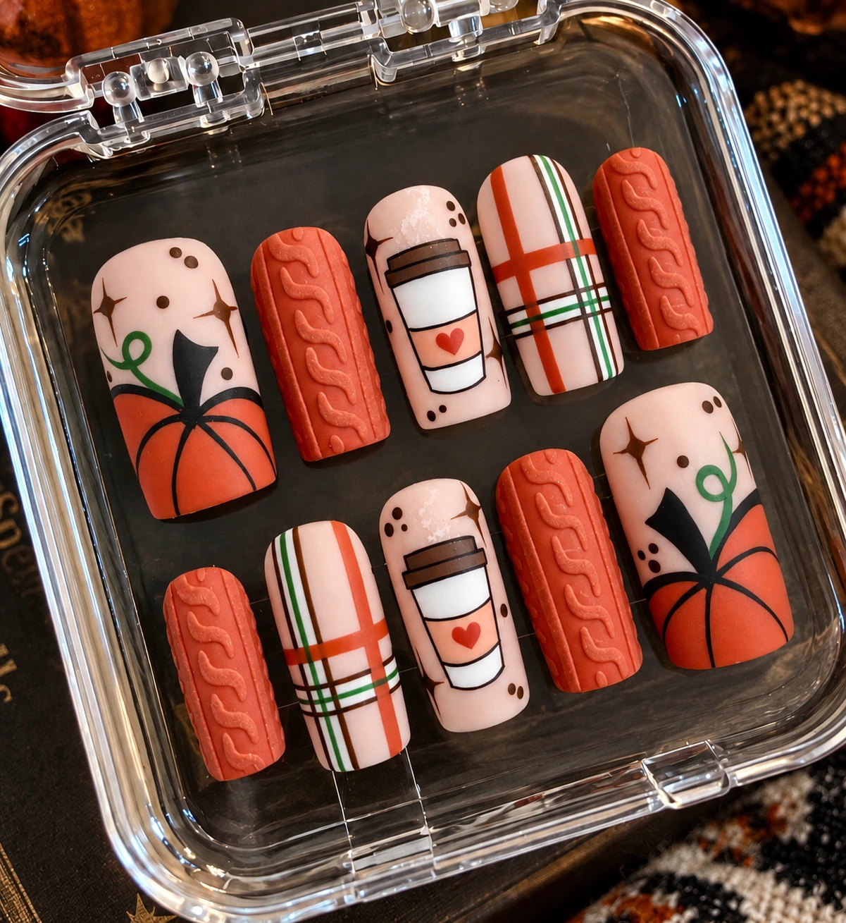 Pumpkin Spice custom acrylic nail set — handmade press-on nails